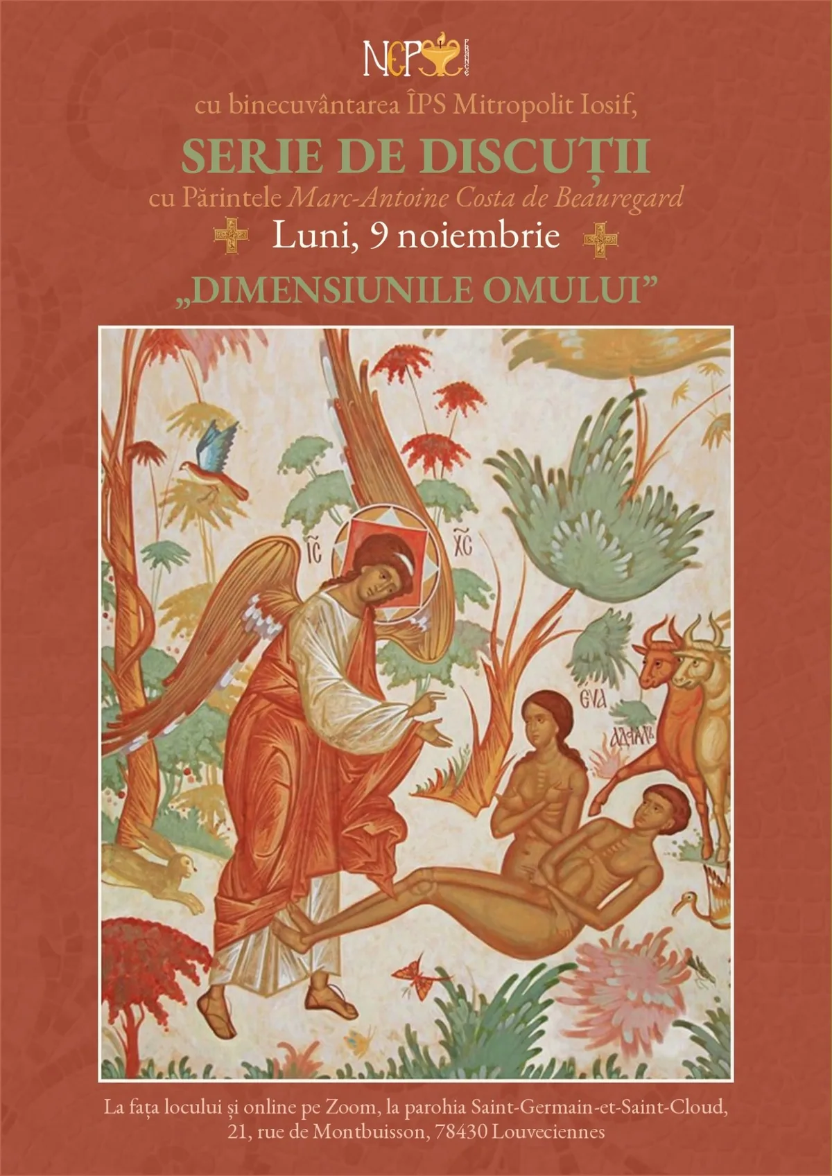 Afișul seriei de discuții cu Părintele Marc-Antoine Costa de Beauregard, 9 noiembrie, „Dimensiunile omului”