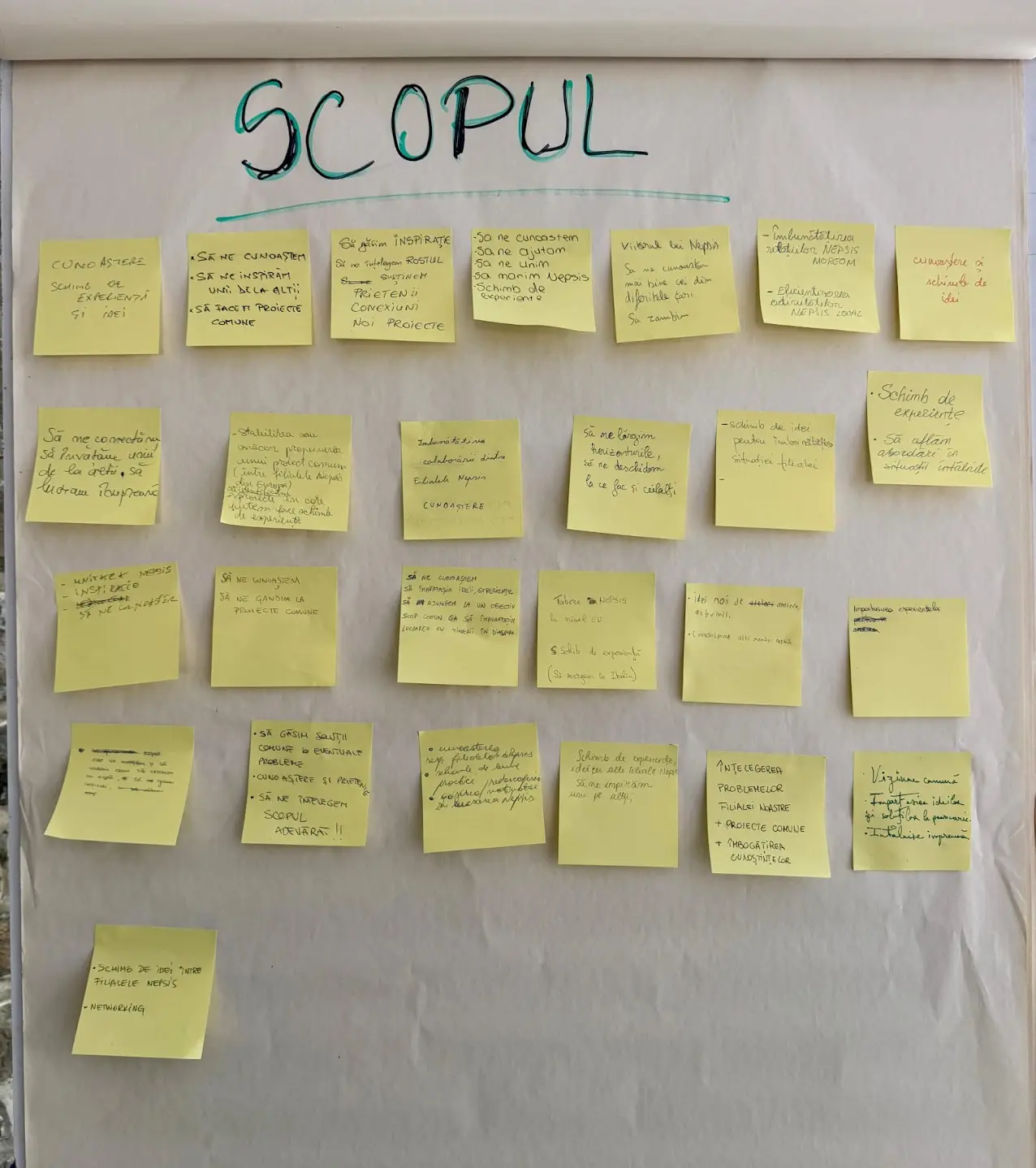 Flipchart cu bilețele adezive sub titlul „Scopul”, din atelierul coordonatorilor